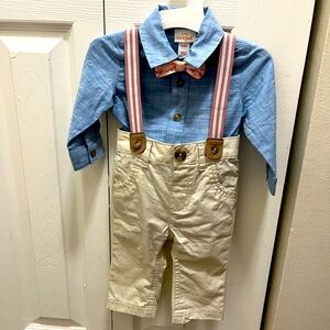 Baby boy suit with collard shirt with attach or detachable bow & overall style